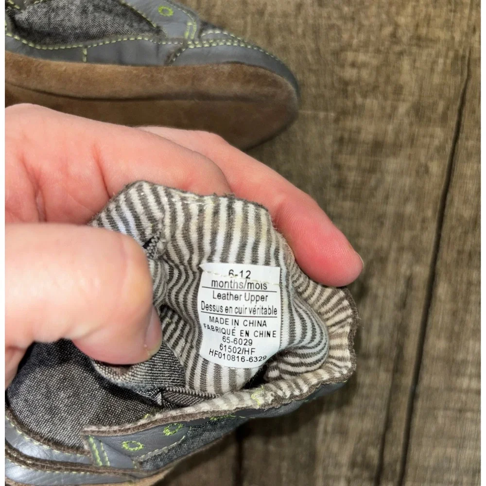 Robeez Baby Boys Grey Leather Denim Soft Sole Crib Shoes Lime Green Accents